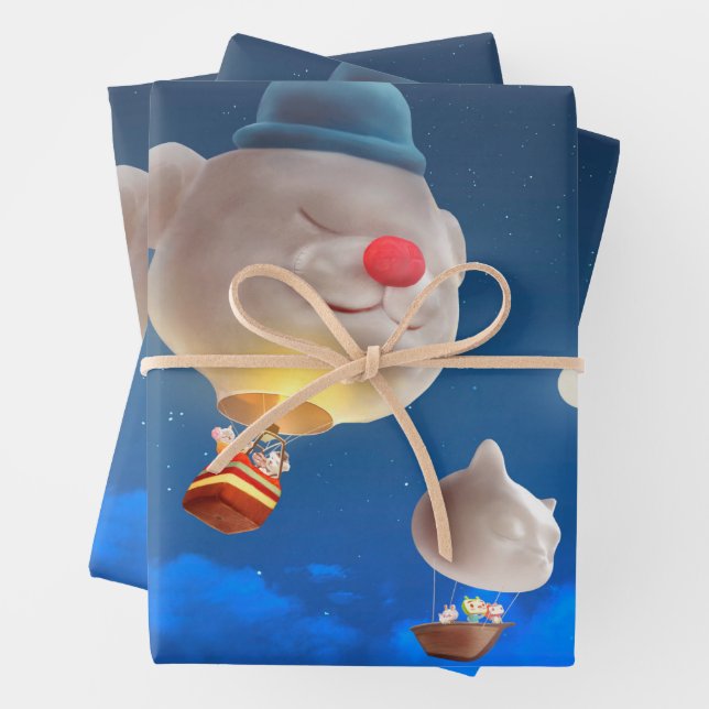Night Sky Balloon Adventure Wrapping Paper Sheet (In situ)