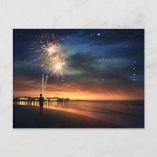 Night Sky Beach Fireworks Postcard