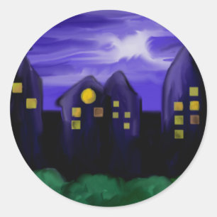Night sky city skyscrapper canvas art classic round sticker