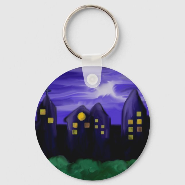Night sky city skyscrapper canvas art key ring (Front)