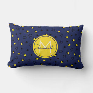 Night Sky Cute Stars on Navy Blue Pattern Monogram Lumbar Cushion