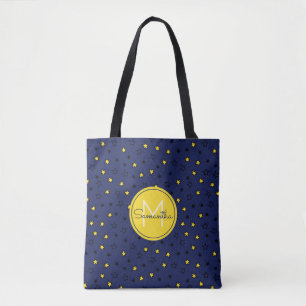 Night Sky Cute Stars on Navy Blue Pattern Monogram Tote Bag