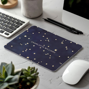 Night Sky Gold Stars Minimalist Monogram Mouse Pad