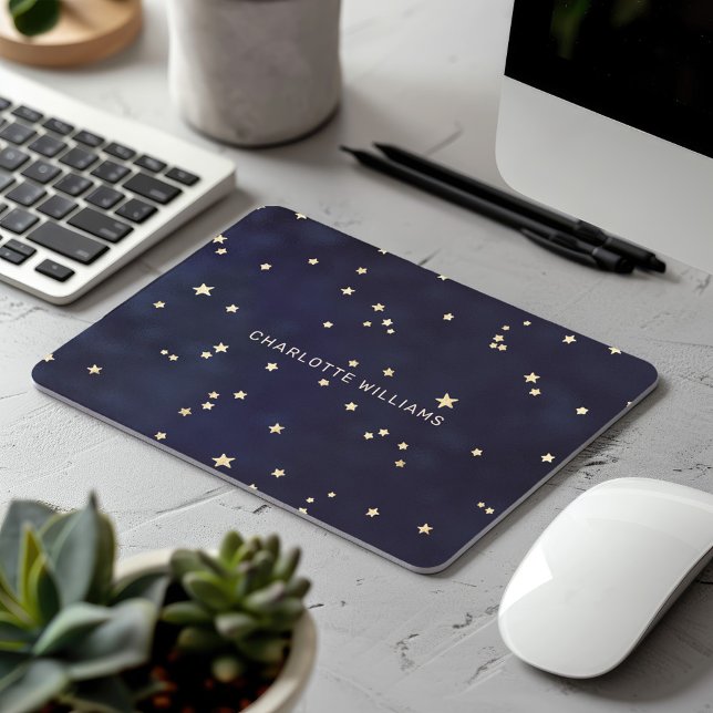 Night Sky Gold Stars Minimalist Monogram Mouse Pad (Creator Uploaded)