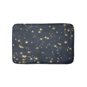 Night Sky Golden Stars Astrology Grey Blue Bath Mat