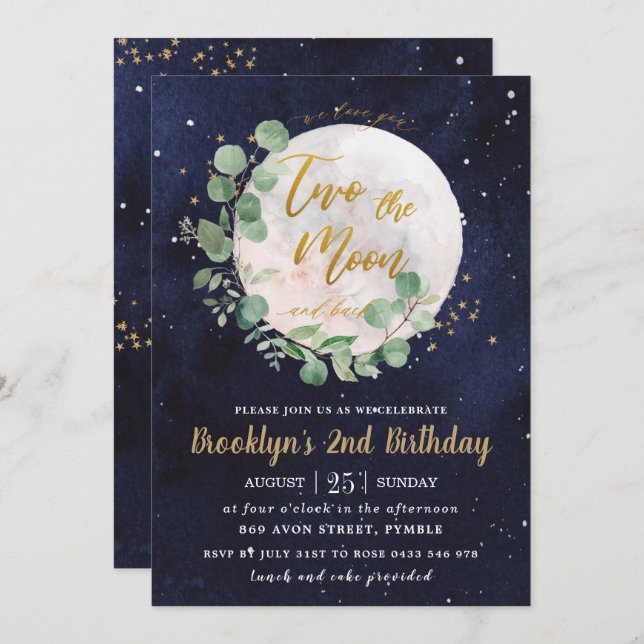 Night Sky Greenery Two the moon 2nd Birthday Party Invitation (Front/Back)