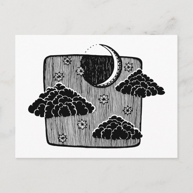 Night Sky Half Moon Clouds Hand Drawn Illustration Postcard (Front)