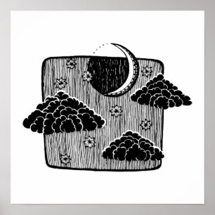 Night Sky Half Moon Clouds Illustration Poster