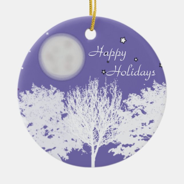 Night sky moon and stars trees silhouette art ceramic tree decoration (Front)
