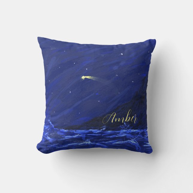Night Sky Ocean Cliff Shooting Star Personalised Cushion (Front)