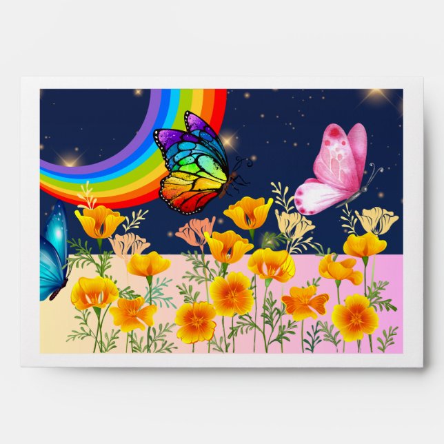 Night Sky, Rainbow, Butterflies, and Flowers Envelope (Front)