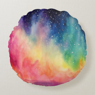 Night Sky Rainbow Watercolour Abstract Art Round Cushion