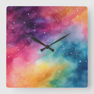 Night Sky Rainbow Watercolour Abstract Art Square Wall Clock