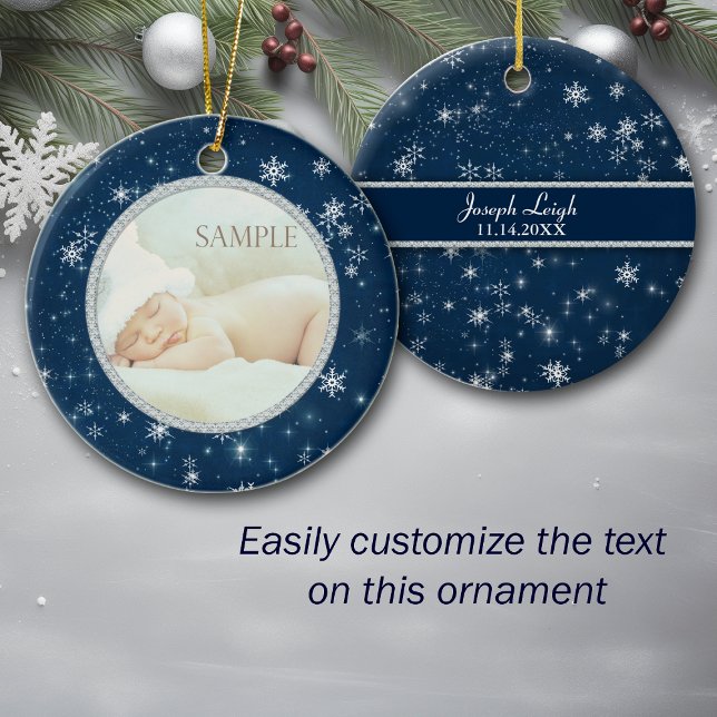 Night Sky Snowflakes Baby Photo Template Ceramic Tree Decoration (Creator Uploaded)