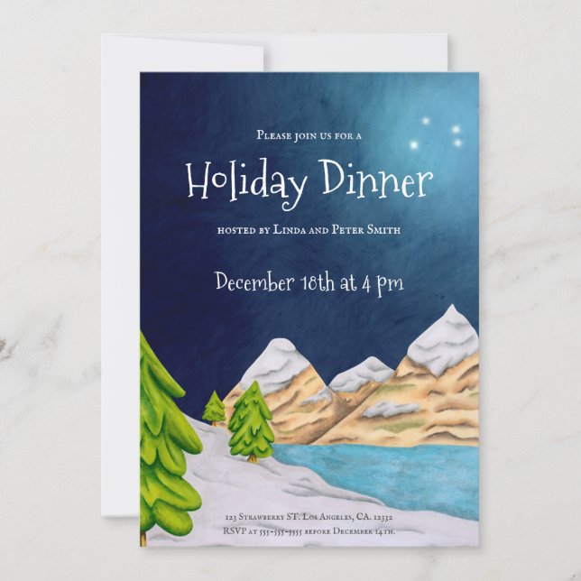 Night Sky Snowy Mountain Holiday Dinner Party Invitation (Front)