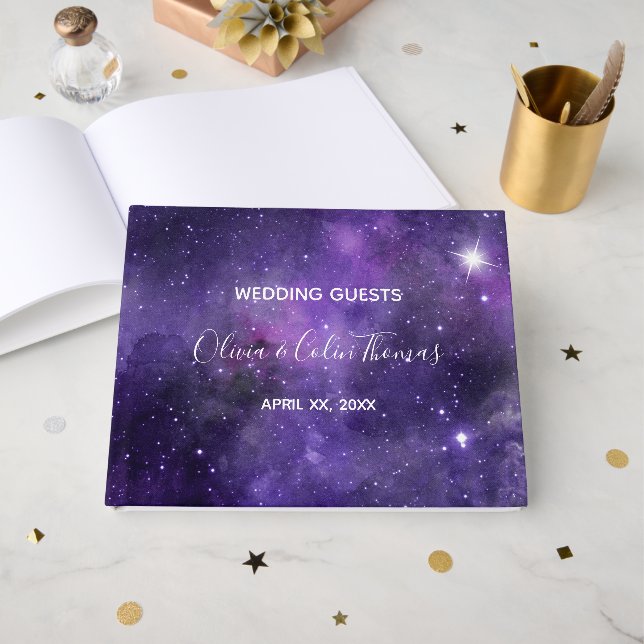 Night Sky Starlight Purple Wedding Guest Book (Front Open)