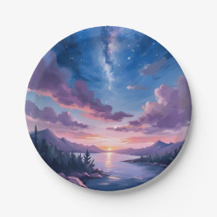 Night Sky   Starry Lake Purple Watercolor Paper Plate