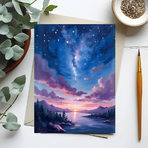 Night Sky   Starry Lake Purple Watercolor Postcard