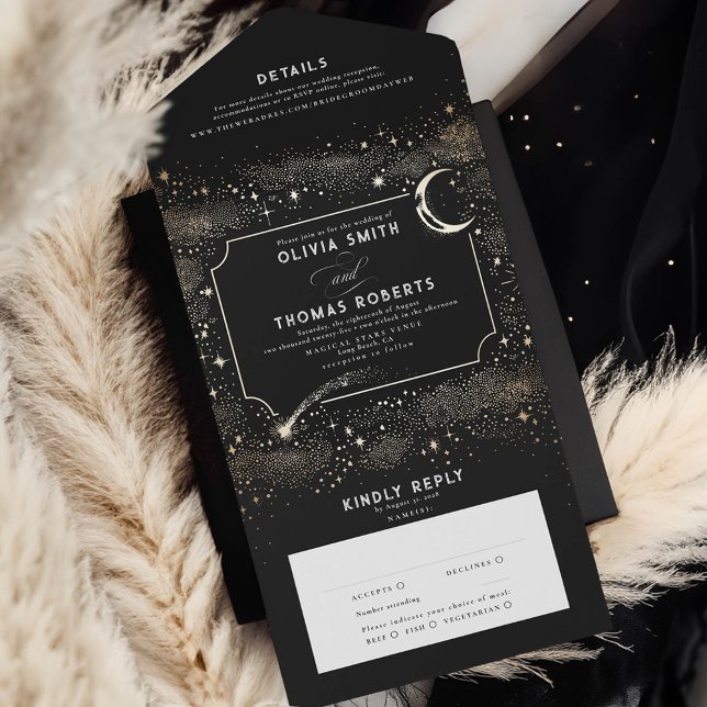 Night Sky Stars Celestial Mystical Black Wedding All In One Invitation (Celestial Black Starry Night All In One Wedding Invitation)
