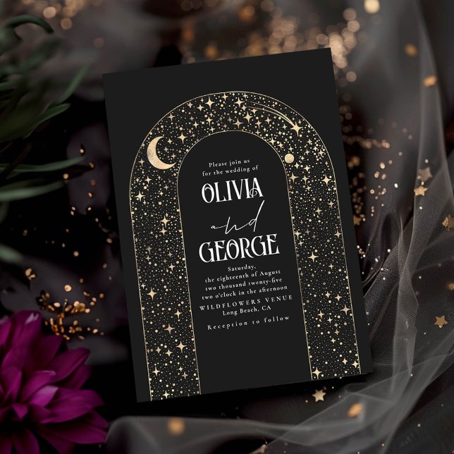 Night Sky Stars Celestial Romantic Black Wedding Invitation (Celestial Night Sky Arch Black Wedding Invitations)