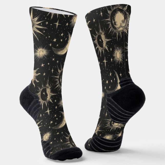 Night Sky Stars & Moon Chalk Drawing Pattern Socks (Angled)