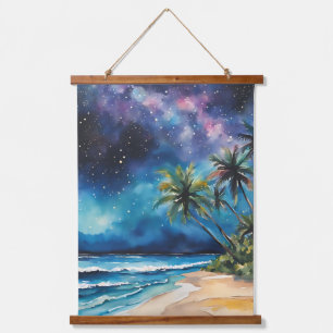 Night Sky Stars Purple Tropical Beach Palm Trees Hanging Tapestry