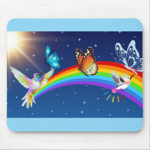 Night Sky, Two Birds, Butterflies, and a Rainbow Mouse Pad