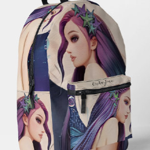 Night Sky Watercolor Moon Mermaid Backpack
