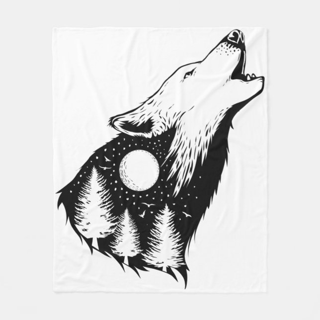 Night Sky Wilderness Howling Wolf Fleece Blanket (Front)