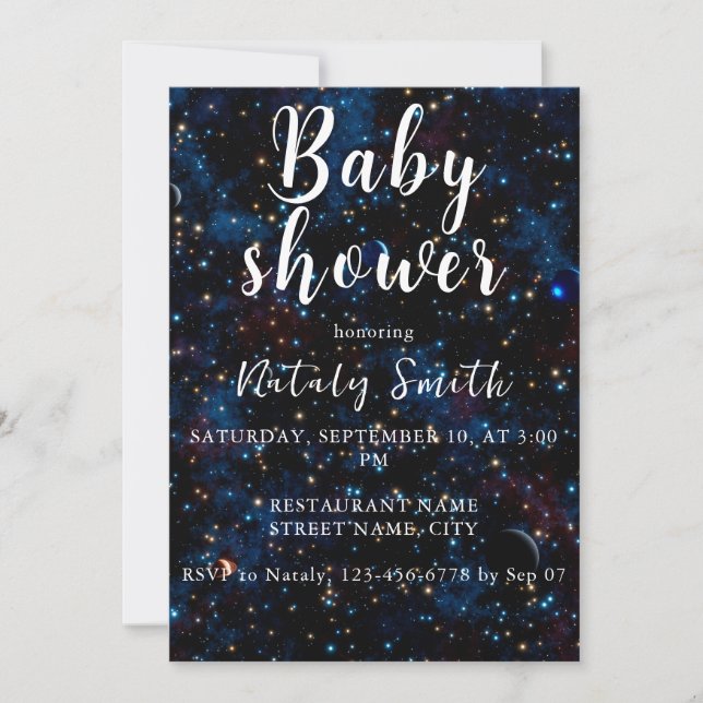 Night sky with stars and planets personalized invitation (Front)