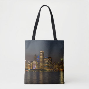 Night Skyline Chicago Pano Tote Bag