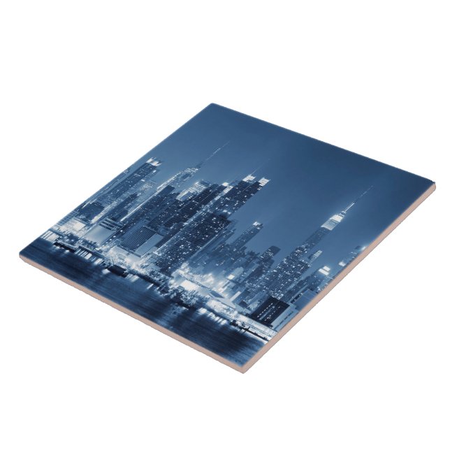 Night Skyline Manhattan Panoramic View Tile (Side)
