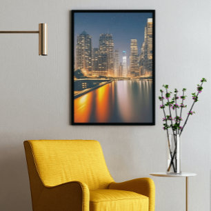 Night Skyline with Full Moon: Digital Painting on  Canvas Print