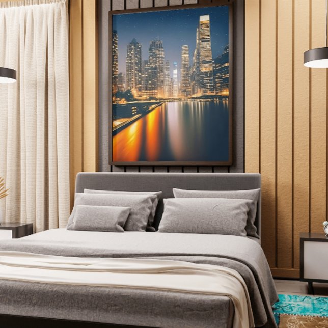 Night Skyline with Full Moon: Digital Painting on  Canvas Print (Creator Uploaded)