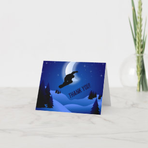 Night Snowboarding Mountains and Moon Thank You Card