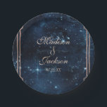 Night Star Sky Celestial Galaxy Wedding Monogram Paper Plate<br><div class="desc">Navy Blue & Rose Gold Star Sky Celestial Galaxy Watercolor Wedding Monogram paper plates With trendy brush script font! ~ Check my shop to see the entire wedding suite for this design!</div>