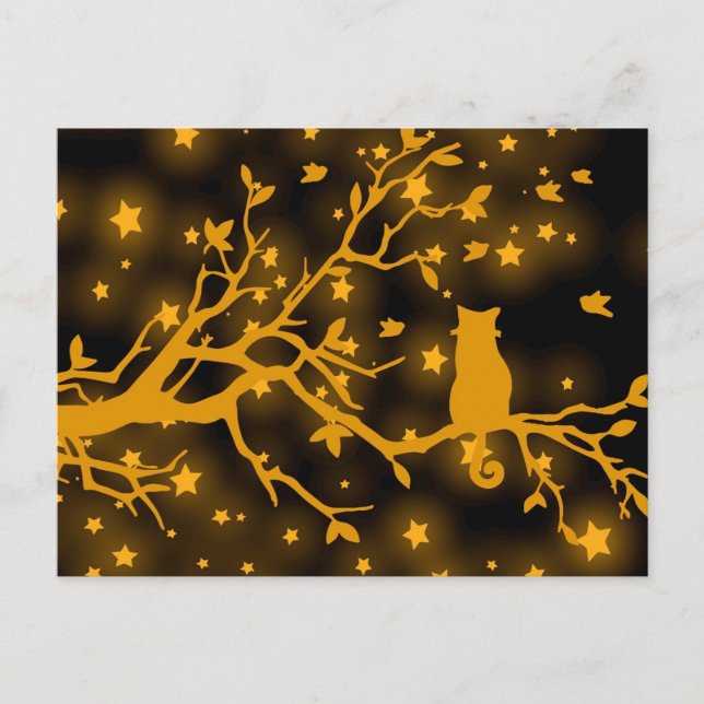 Night Stargazing Cat on a Tree Branch  Postcard (Front)