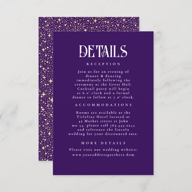 Night Stars Dark Purple Wedding Details Enclosure Card (Front/Back)