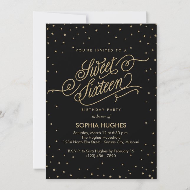 Night Stars Gold & Black Sweet Sixteen Party Invitation (Front)