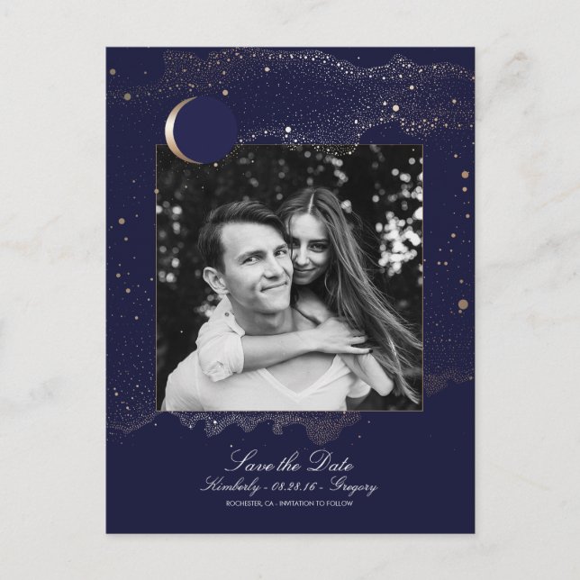 Night Stars Navy and Gold Photo Save the Date Announcement Postcard (Front)