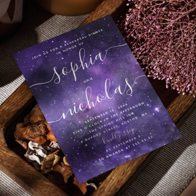 Night stars. Purple space script rehearsal dinner Invitation (Creator Uploaded)