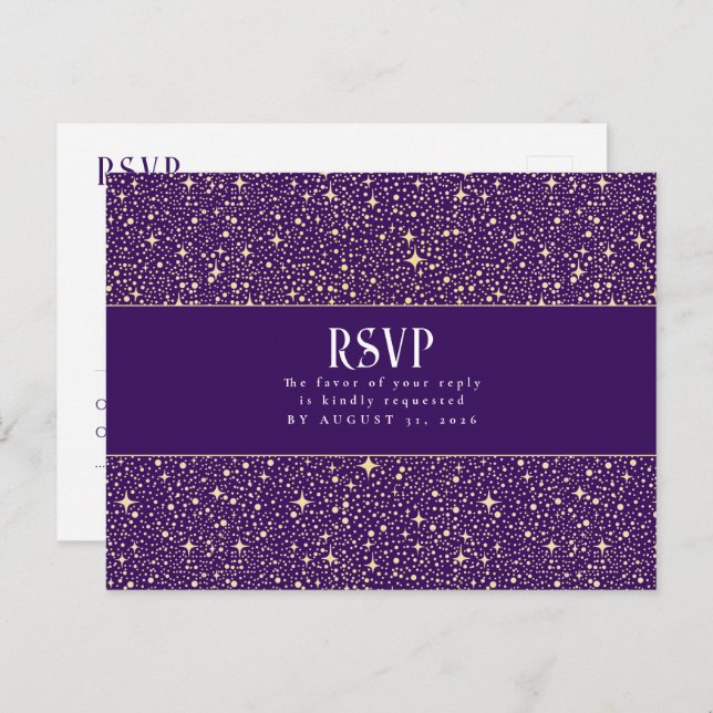 Night Stars Purple Wedding RSVP Postcard (Front/Back)