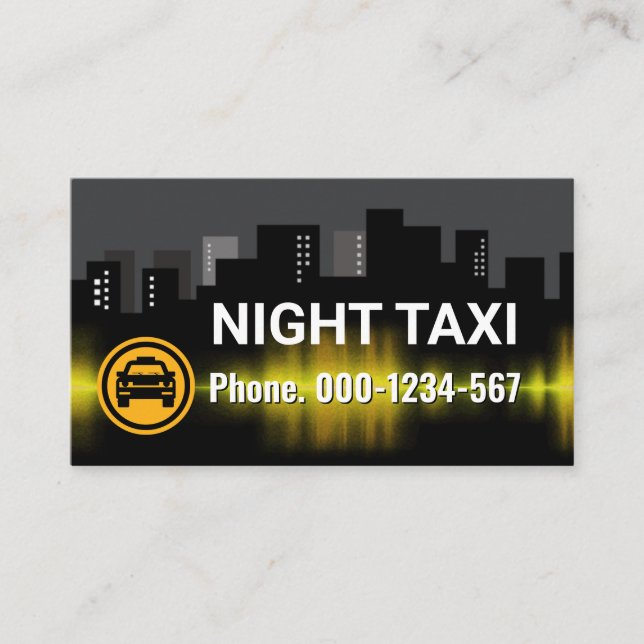 Night Taxi City Building Silhouette Business Card (Front)