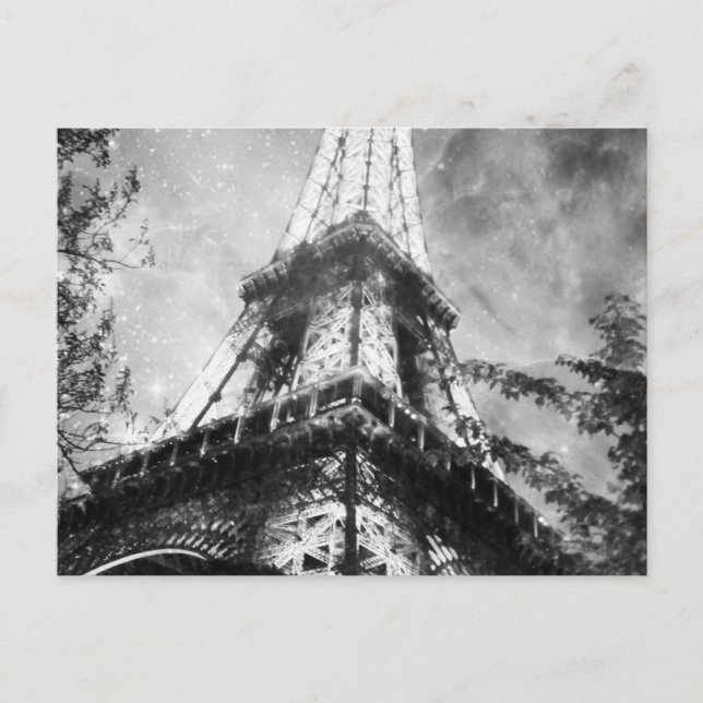 Night time Eiffel Tower, Black and White Postcard (Front)