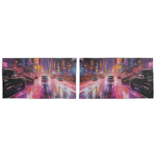 Night time Highway in Vibrant Cityscape Pillowcase