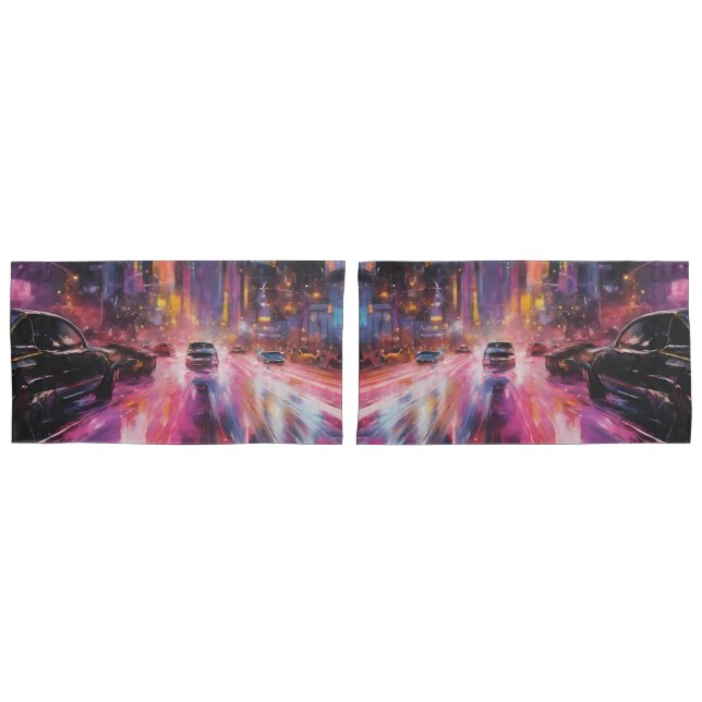Night time Highway in Vibrant Cityscape Pillowcase (Front-Set)