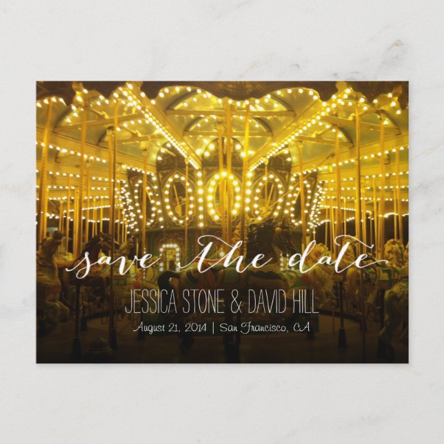 Night Time Merry Go Round Wedding Save the Date Announcement Postcard (Front)