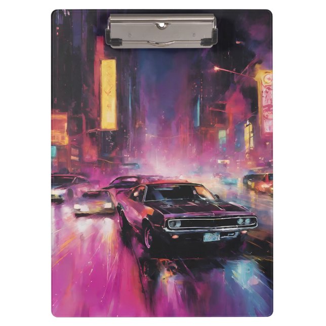 Night-time Street Racing in Vibrant City Clipboard (Front)