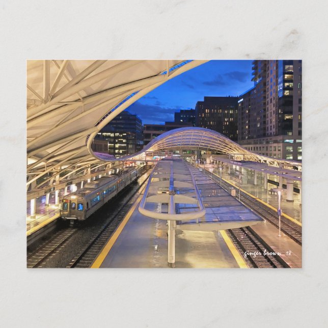 Night Time Union Station with A-Line Train to DIA Postcard (Front)