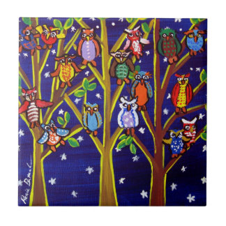 Night Tree Owls Whimsical Folk Art Tile
